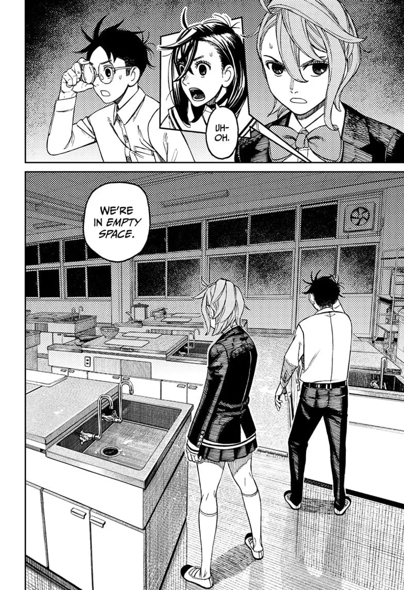 Cut to the scene, Aira, tiny Momo, and Okarun realize they are in empty space or another dimension.