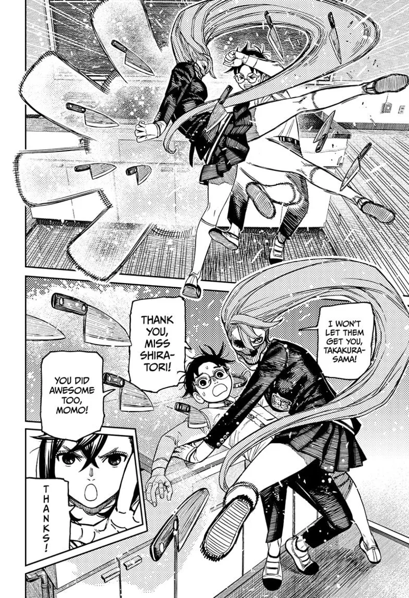 Tiny Momo uses her invisible hand to capture the knives, and Yokai Aira kicks them while protecting Okarun.