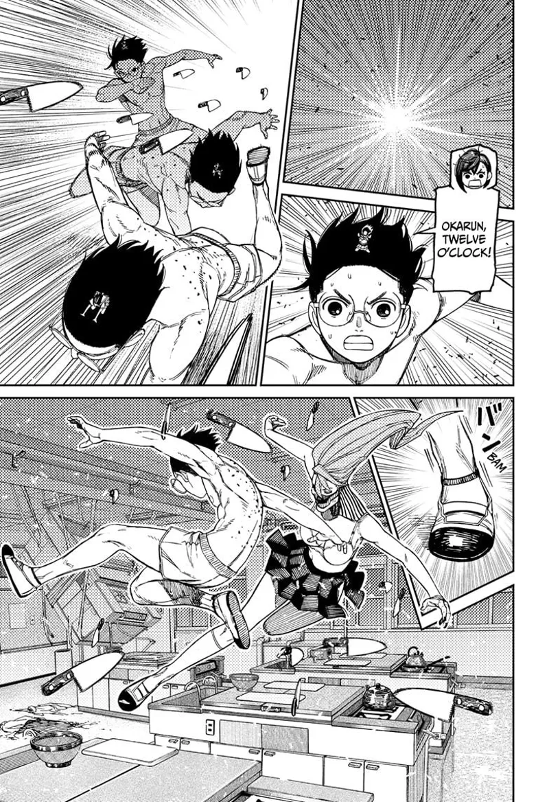 Tiny Momo tells Okarun about the knives. Okarun easily dodges them. Yokai Aira jumps and dodges them as well.