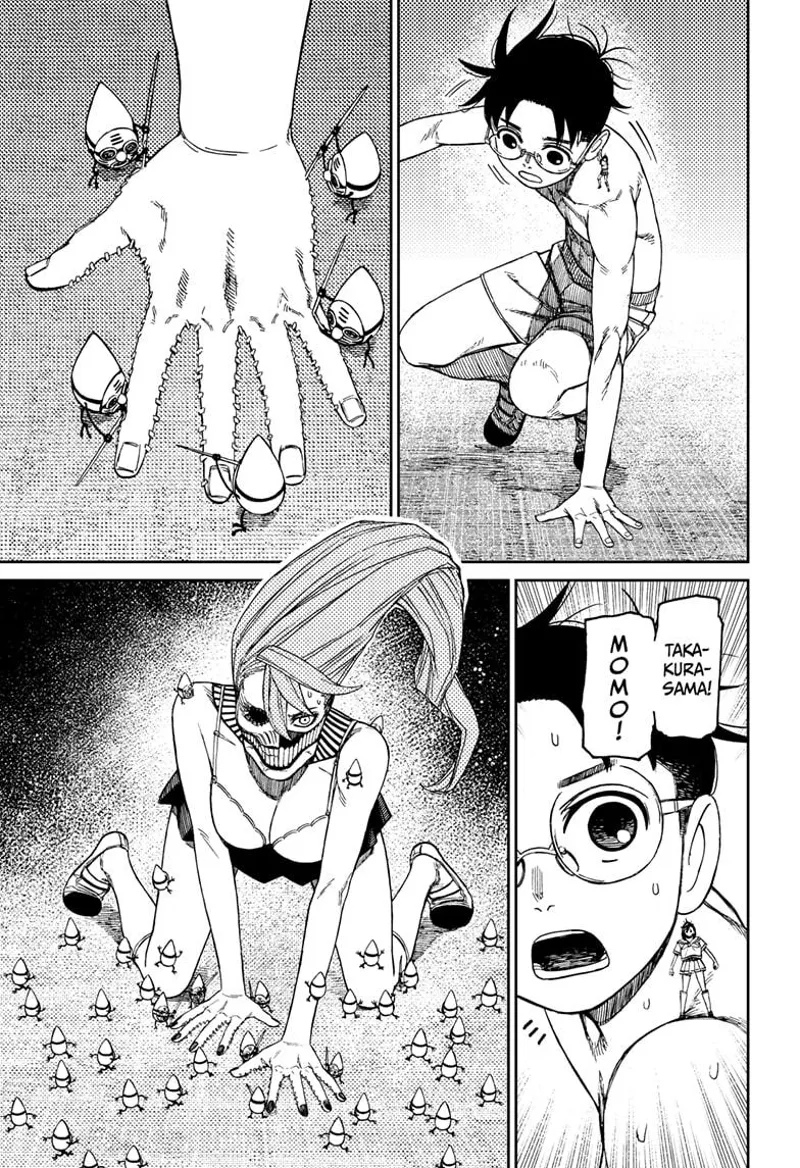 Okarun's hand is stitched to the floor. Yokai Aira is stitched to the floor as well. They both can't stand.