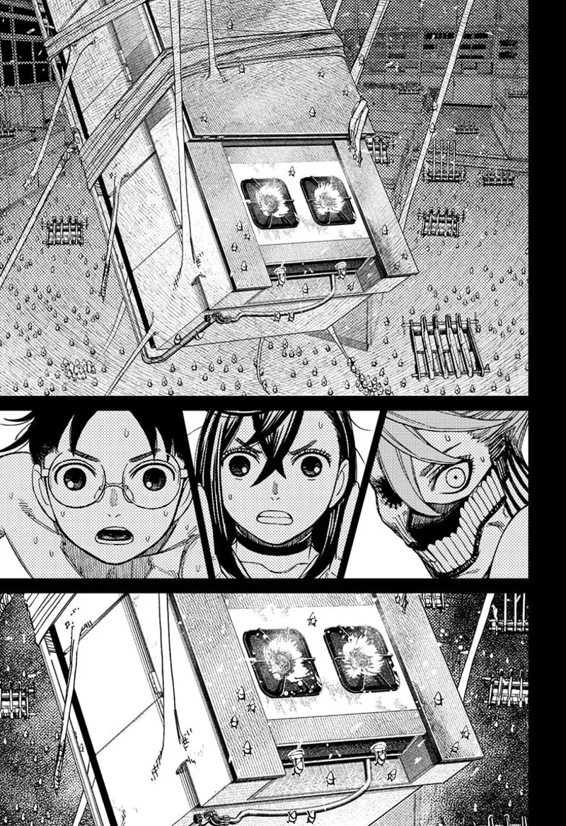 Yokai Aira, tiny Momo, and Okarun see the hanging stove being lit up by the pygmies.