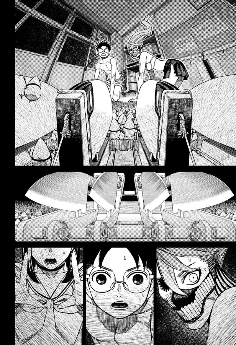 Yokai Aira, Okarun, and tiny Momo notice the sharp knives aimed at them, ready to be fired.