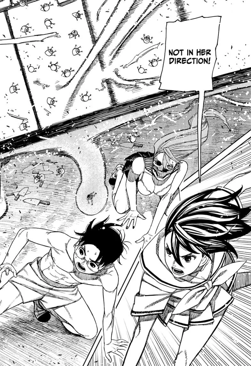 Tiny Momo throws away the burning stove using her powers. Yokai Aira and Okarun watches.