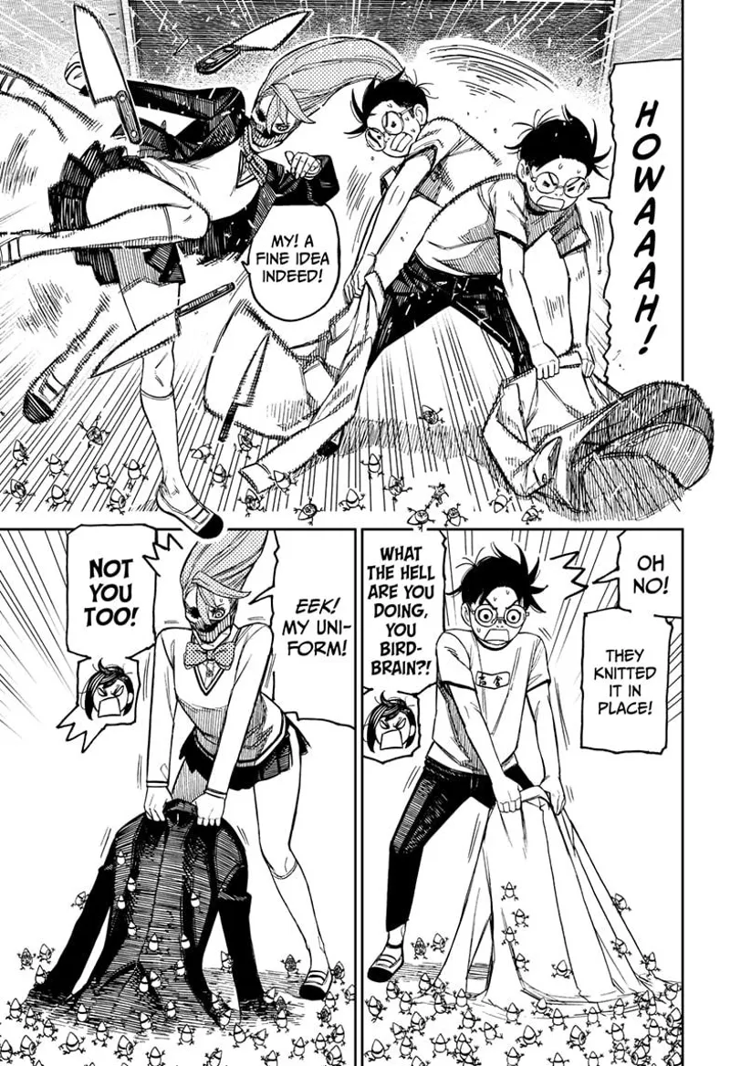 Okarun smashes his uniform against the pygmies while Aira kicks the flying knives. Their uniform gets stuck on the floor.