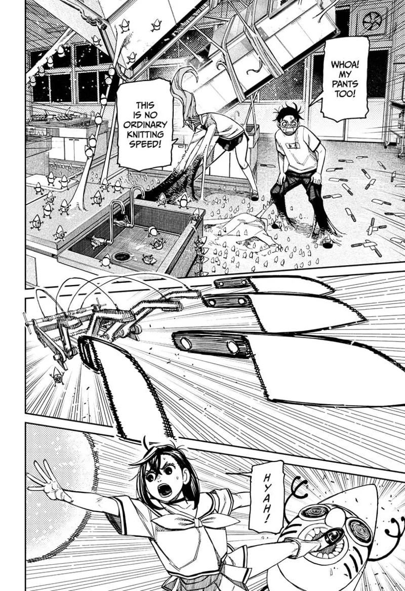 Okarun and Aira are getting attacked by the pygmies. Tiny Momo kicks a pygmy while deflecting the knives.