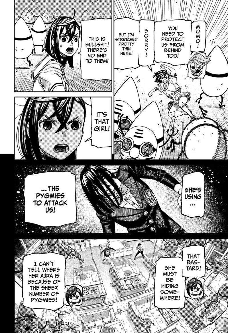 Tiny Momo fights and kicks the pygmies. She realizes that the woman controls them but can't sense her.