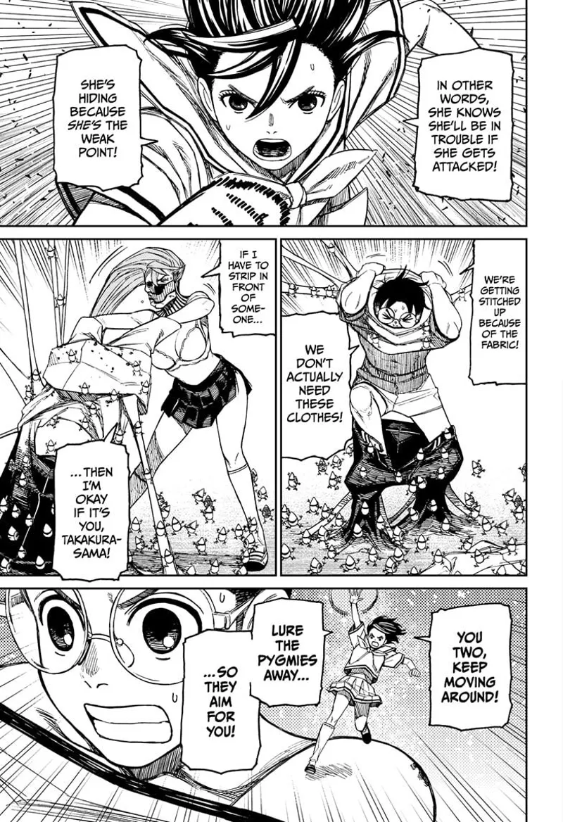 Tiny Momo starts running, looking for the woman. Okarun and Aira remove their clothes, which the pygmies have sewed.