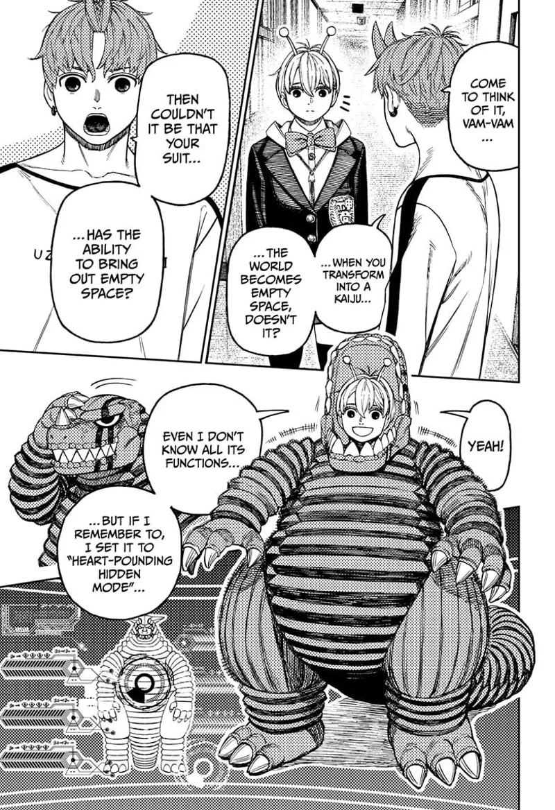 Vamola wears her Kaiju suit to bring out the "empty space," as advised by Jiji.