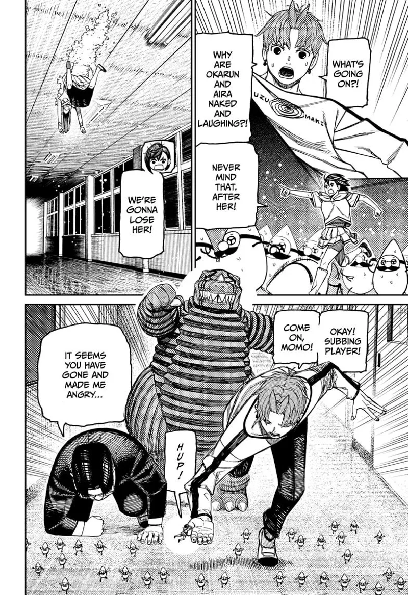 Jiji is confused about what is happening. Tiny Momo tells them to catch the unconscious lady fleeing.