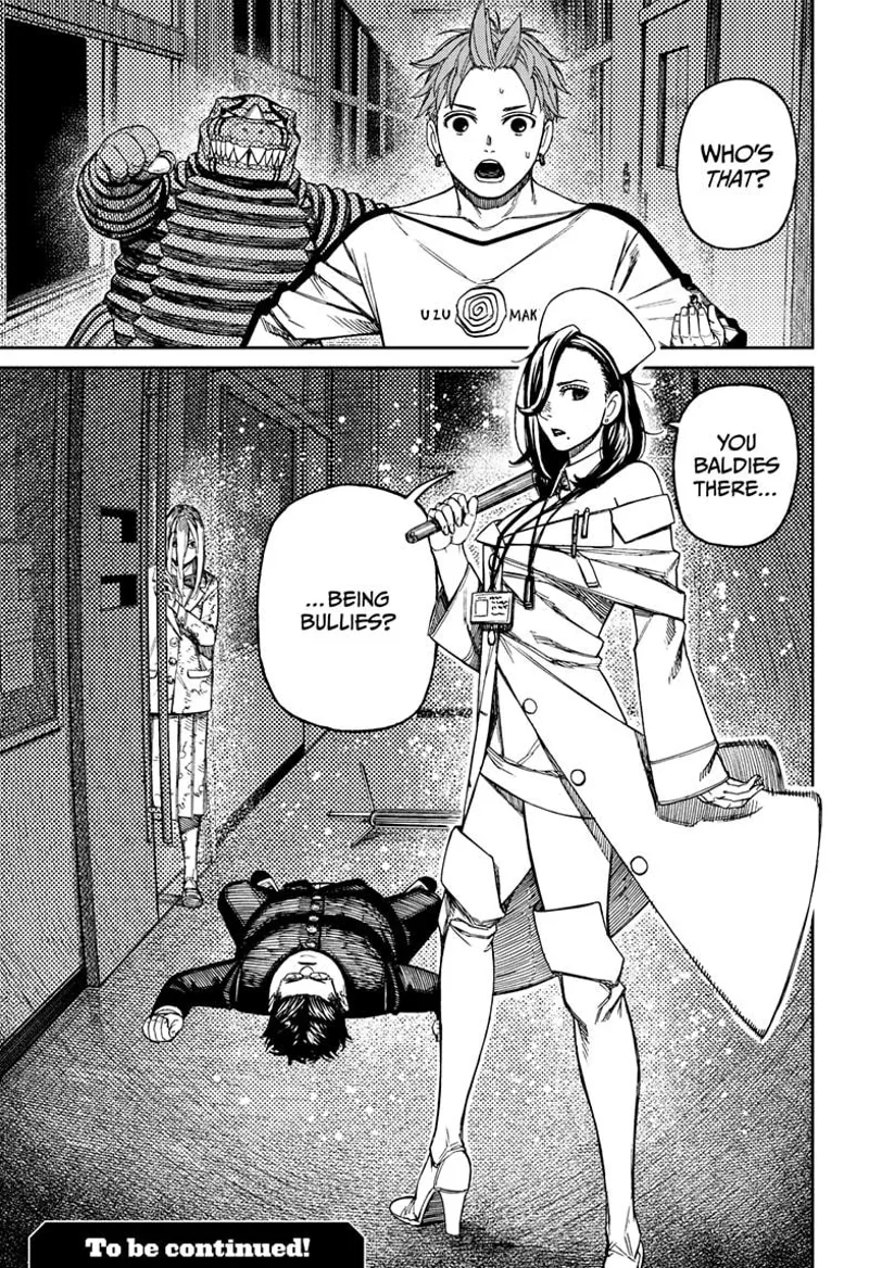 Jiji and Kaiju Vamola arrives. A sexy woman wearing a nurse uniform appears. Kinta is on the floor. The student is awake.