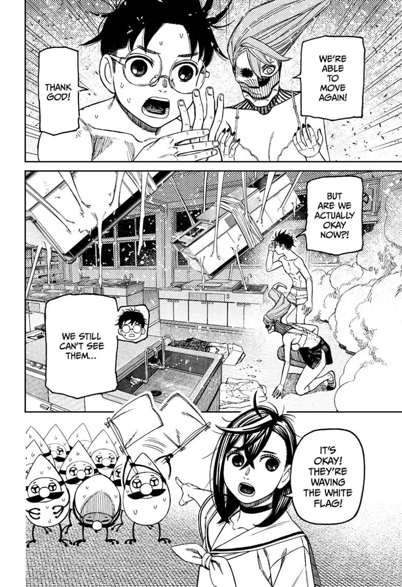 Momo and Yokai Aira are glad they can move again. Tiny Momo says the pygmies are waving a white flag of surrender.