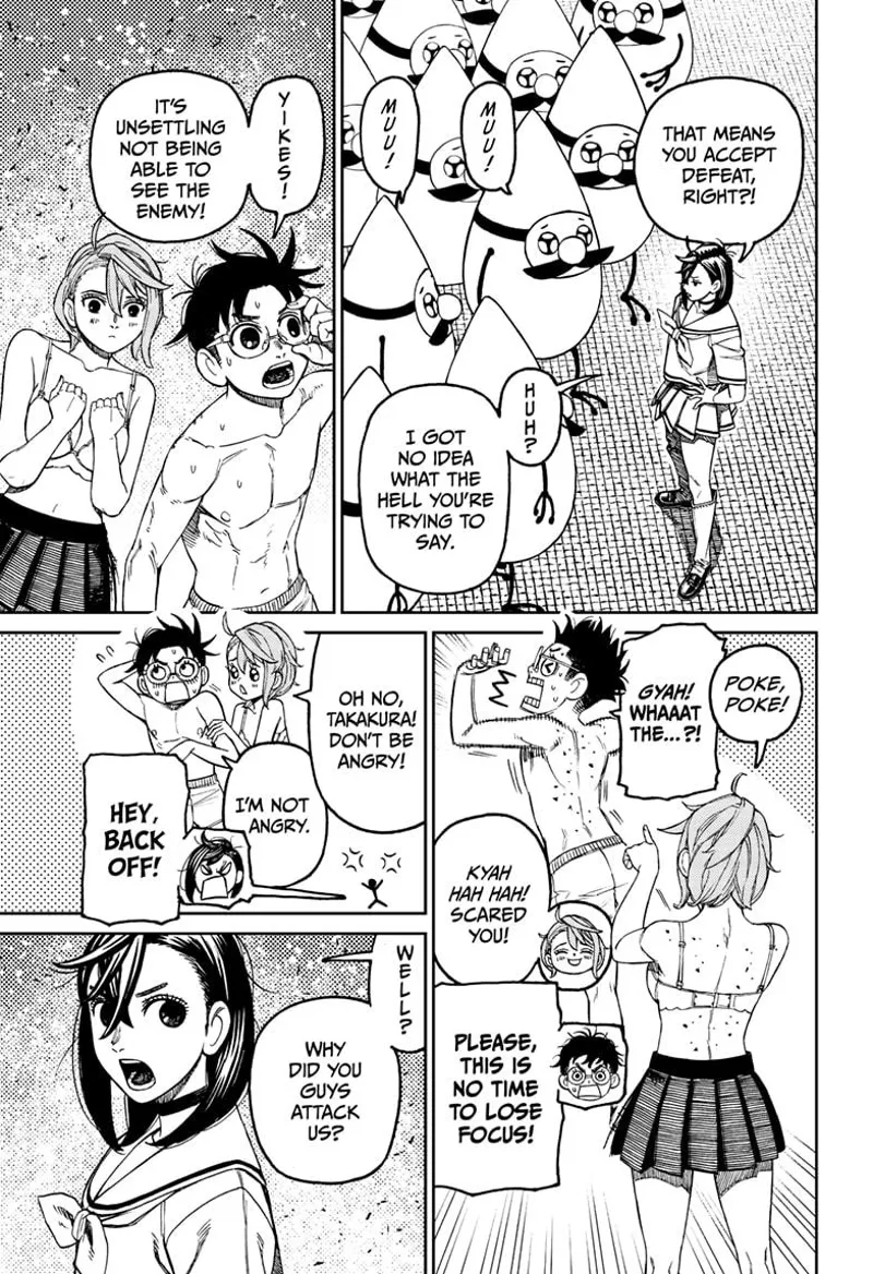 Tiny Momo talks to the pygmies. Okarun is perplexed he can't see the enemies. Yokai Aira playfully pokes Okarun.