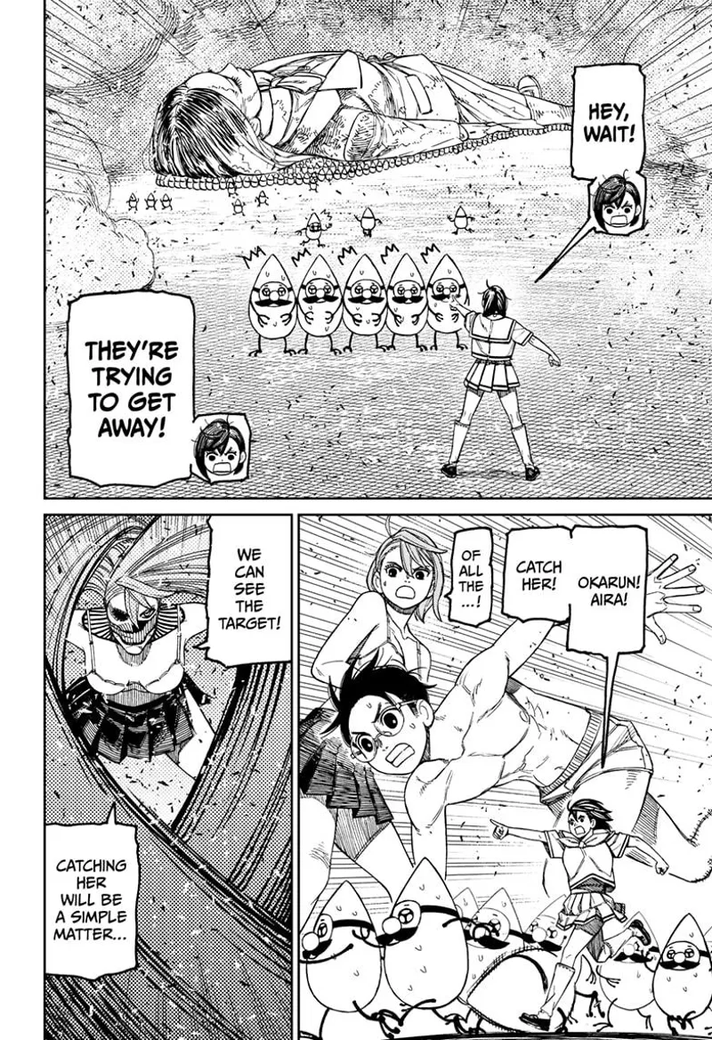 Tiny Momo realizes the pygmies are carrying the student lady to escape. Okarun and Aira chase them.