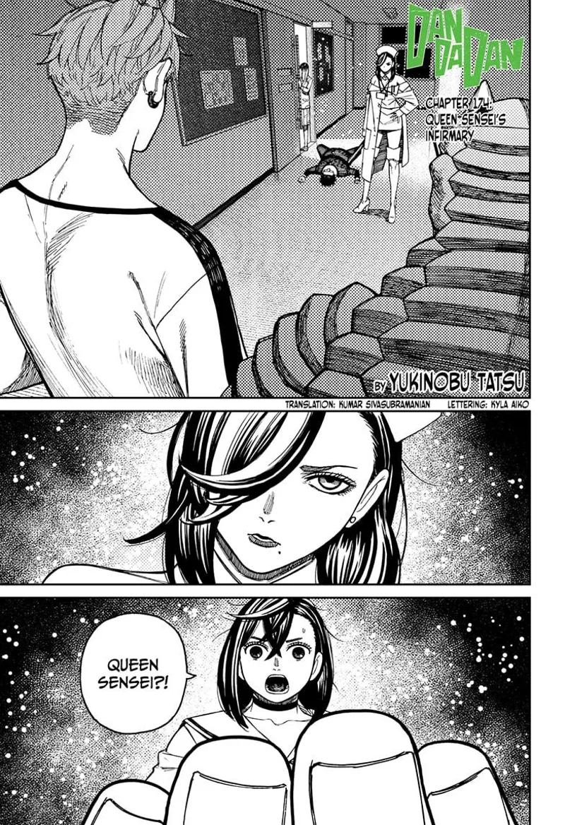 Jiji & Kauji Vamola meet a sexy nurse in the hallway. Tiny Momo recognizes her as Queen Sensei. Kinta is lying on the floor.