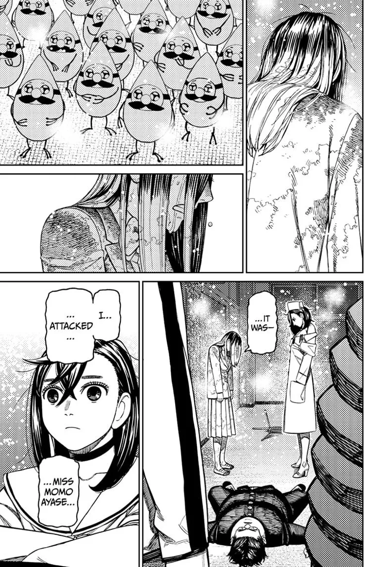 The culprit lady suddenly starts crying as she slowly reveals the truth. The pygmies watch her. Queen and Momo listen.