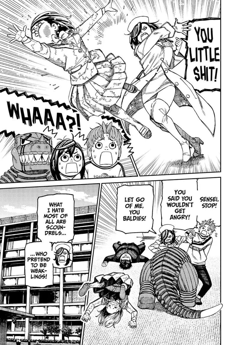 Queen Sensei suddenly slaps the culprit lady. She gets angry at her pretensions. Jiji and Kaiju Vamola restrain her.