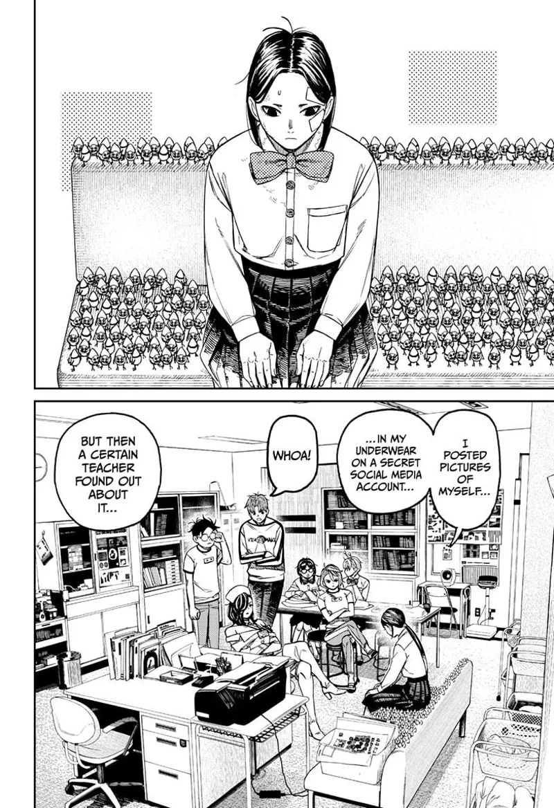 Cut to the scene. The culprit lady looks well-behaved, sitting in the room with her pygmies. The gang starts listening to her.