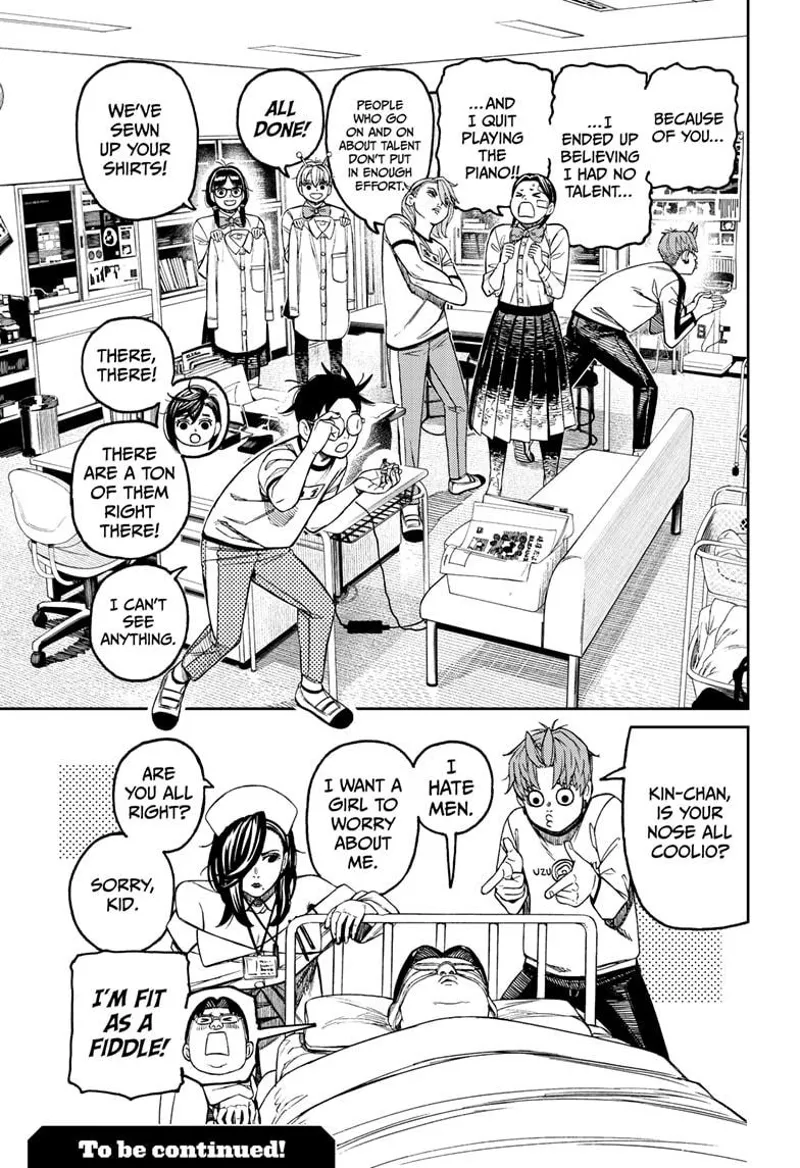 Aira and Kouki start talking. Vamola and Rin arrive with Kouki's sewn uniform. Jiji and Queen Sensei check the injured Kinta in bed.