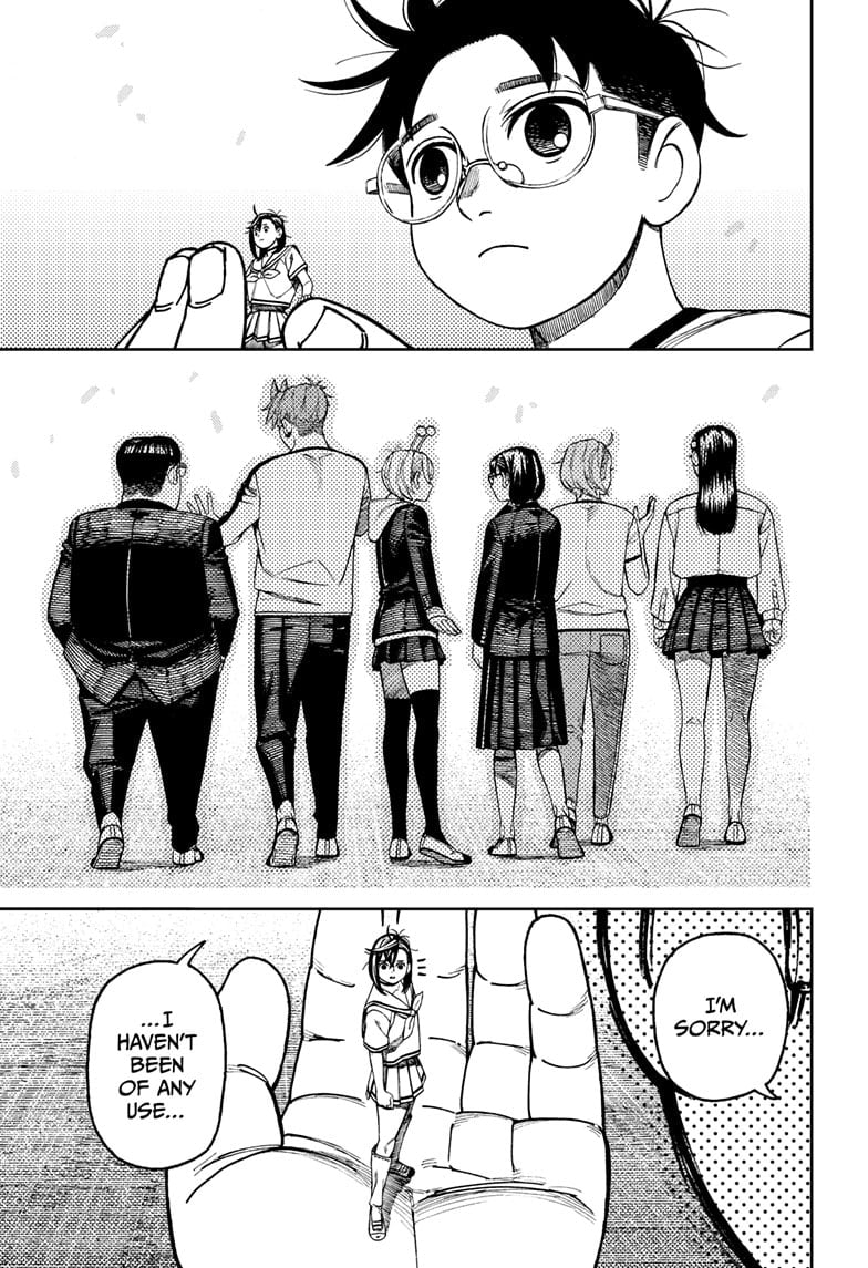 Tiny Momo and Okarun watch as their group dismisses.