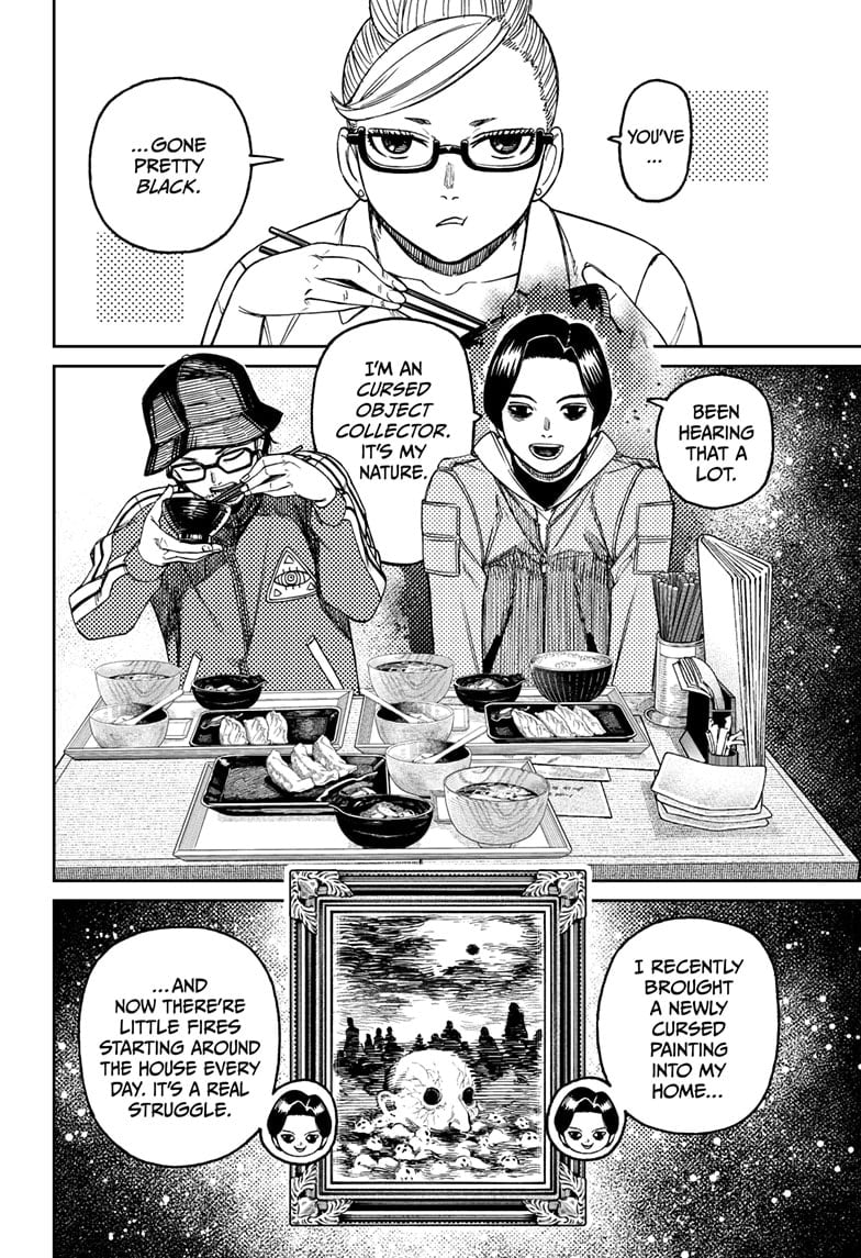 Grandma Seiko Ayase is eating with two new characters in front of him. The right character says he brought a new cursed painting.