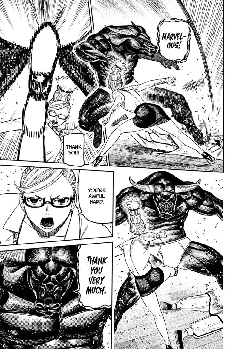 Grandma Seiko attacks and hits the black, muscular, and humanoid bull, but she recognizes his tough body.