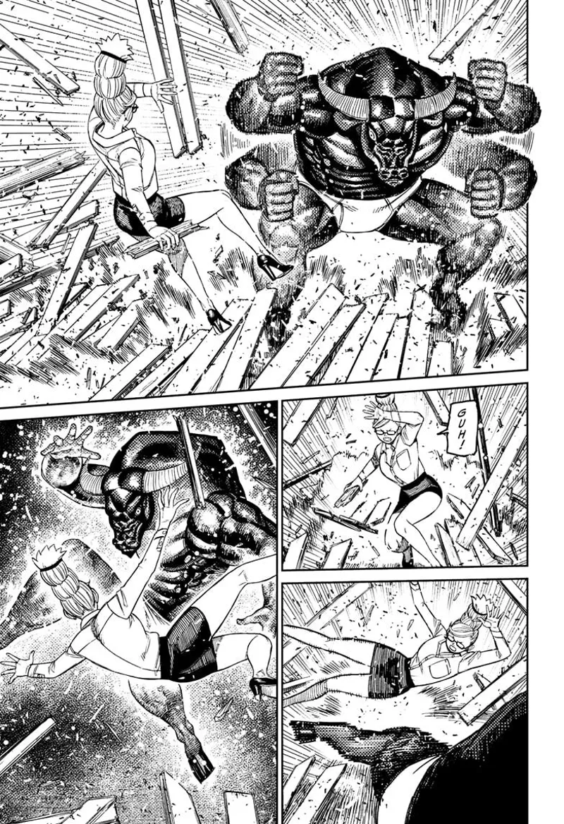 Iron powers up and blows the woods and debris away, including Seiko. He prepares to attack Seiko Ayase.