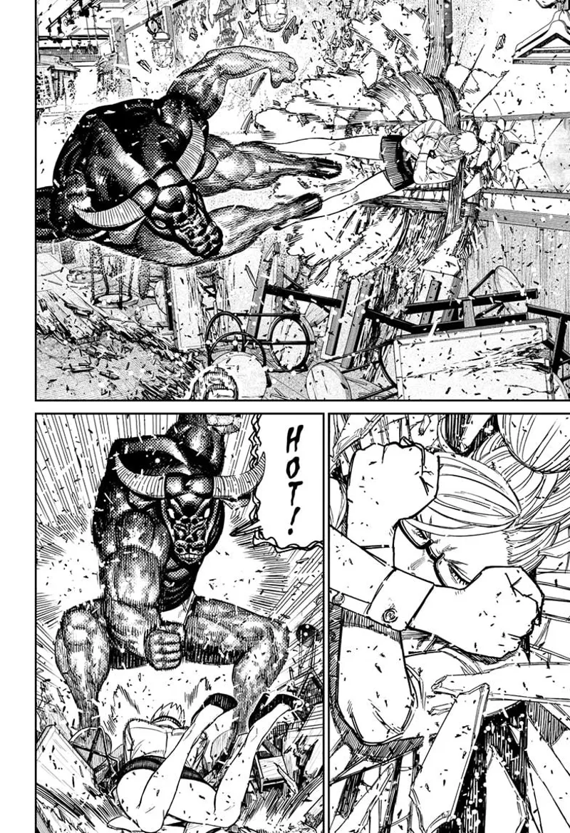 The bull kicks Seiko Ayase and pummels her very hard to the floor. Seiko defends with her arms.