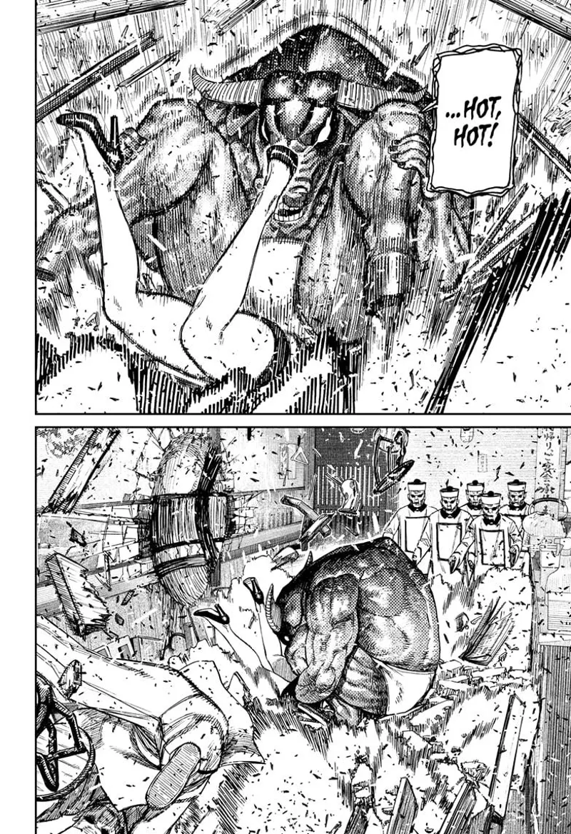 Iron slams his body to Seiko. The floor breaks due to the massive force. The kung fu enemies watch nearby.