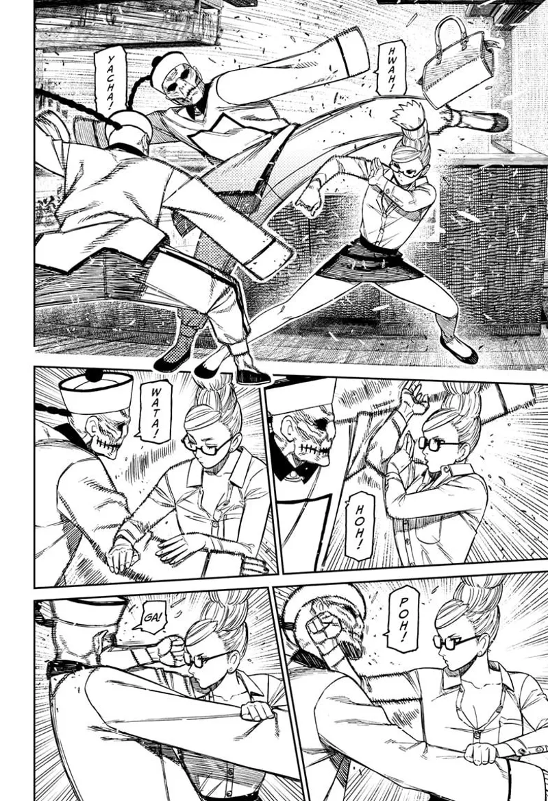 The enemies attack Grandma Seiko Ayase in hand-to-hand combat. Seiko fights them easily with kung fu.