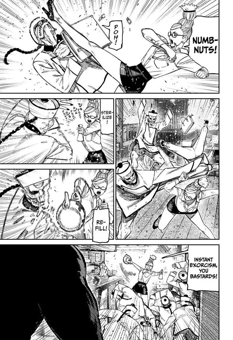 Seiko kicks one of the enemies and starts spraying and pouring hot water on them to exorcise them.