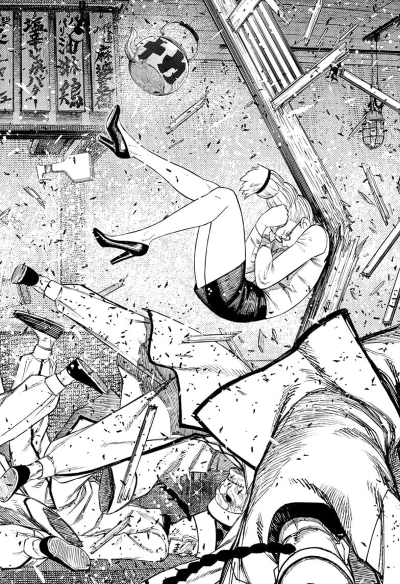 Seiko defends but gets blown away and breaks a wood pillar behind her. Some of the kung fu enemies are down.