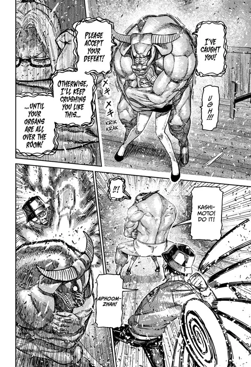 Iron tells Seiko to surrender or he will crush her body. Kashimoto punches Iron from behind.