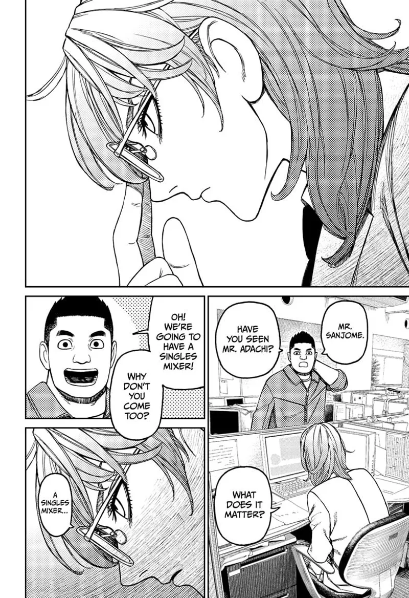 Cut to the scene Mr. Sanjome fixes his glasses. A workmate asks him about Mr. Adachi and invites him to drink with them.