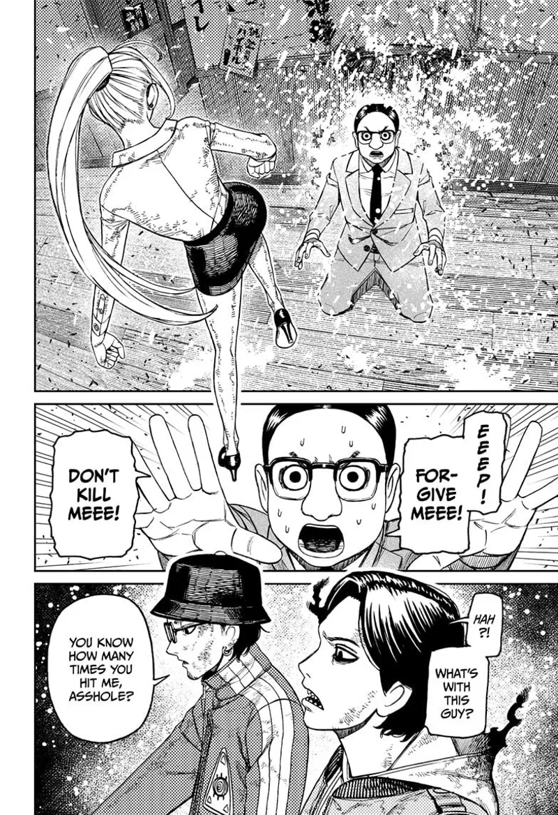 Iron transforms into a middle-aged guy wearing glasses. He kneels before Seiko while asking for forgiveness.