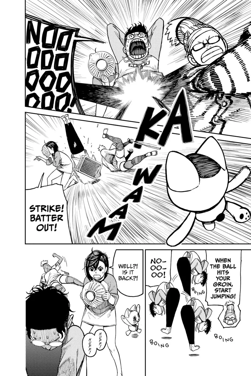 Okarun screams as his ball hits his groin. He tumbles backward, gets up, and starts jumping. Momo asks about his nuts.