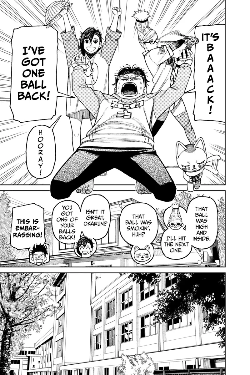 Okarun kneels and celebrates that one of his balls is back! Momo, Grandma, and Turbo Granny are happy for him.