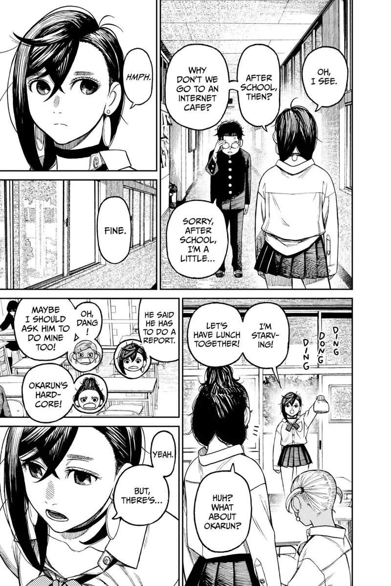 Momo asks if they could meet after school. Okarun says he will be busy, so Momo brings her lunch to her friends.