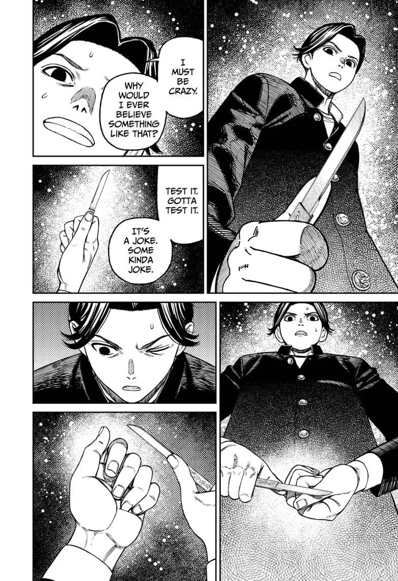 Hase holds the white Kozuka Blade and slices a little bit of his skin with it to test it.