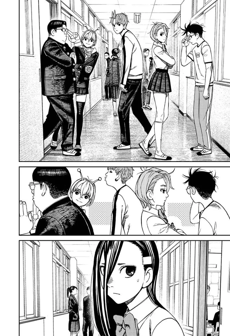 Okarun, Aira, Jiji, and Vamola are along the corridor as well, looking at Kouki.