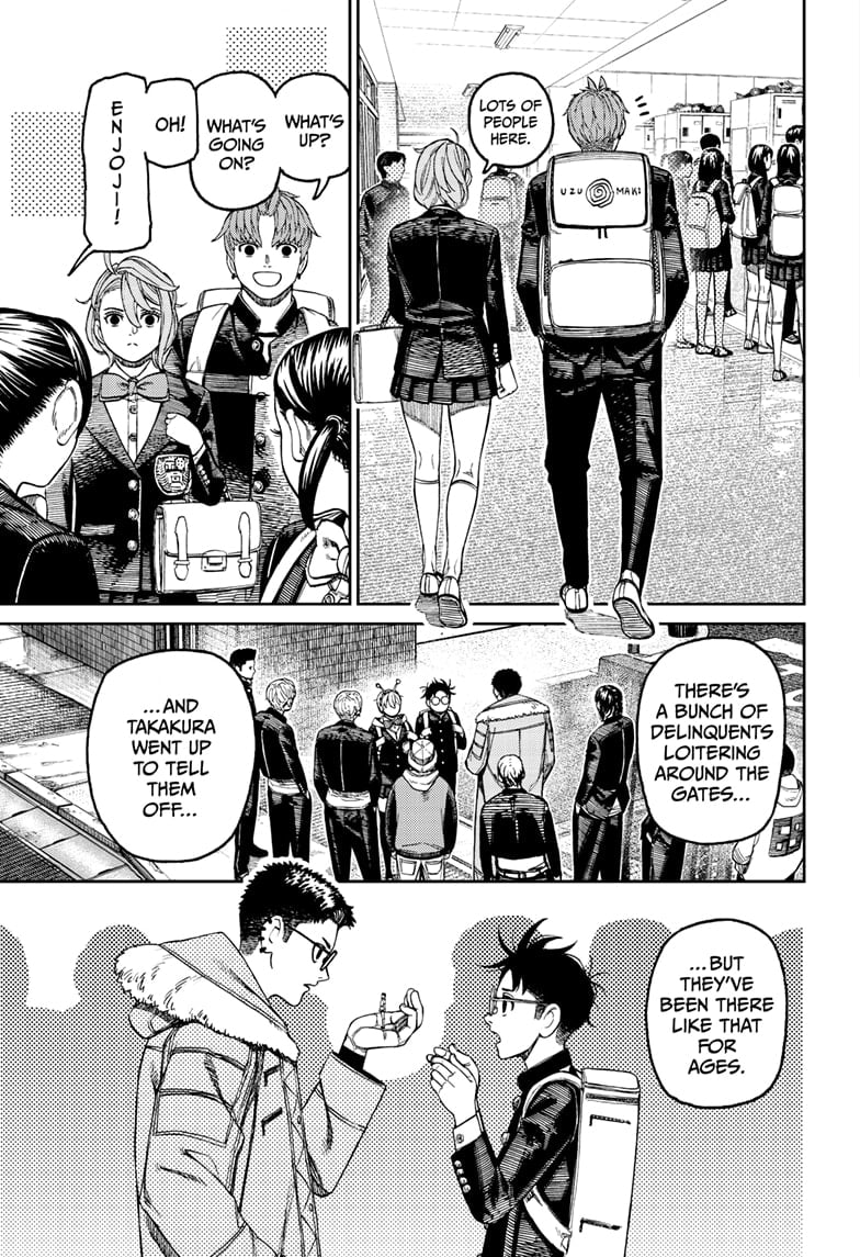 Aira and Jiji appear near the gate. Some of the students told them how Okarun went to the gate to ward off the loiterers