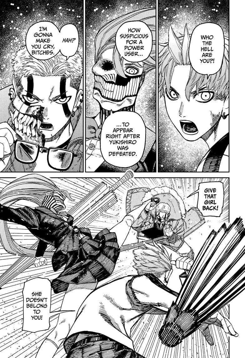 Jiji and Aira start fighting Zuma. The three of them are in yokai form.	