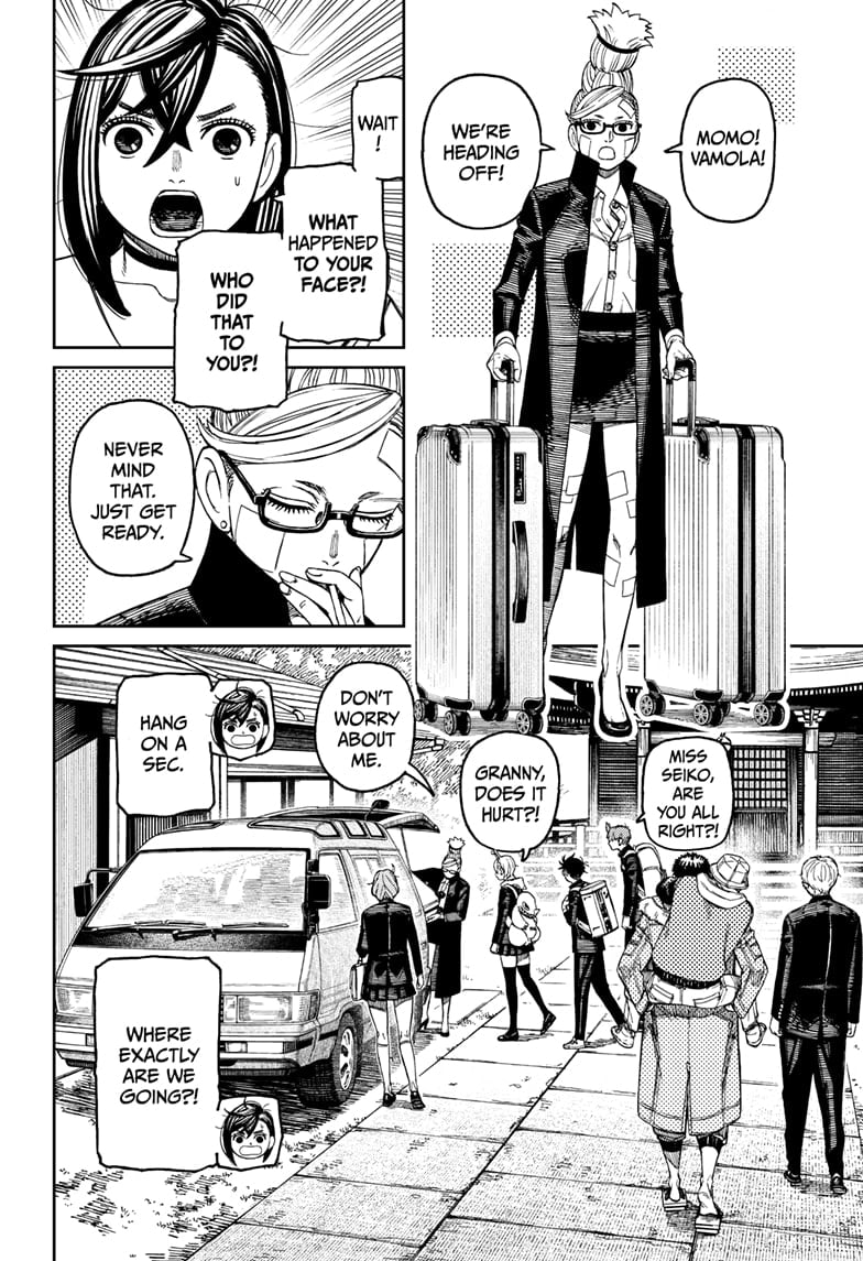 Granny Seiko Ayase shows up with two luggage and tells Momo and Vamola they're heading off. Momo notices Granny's bandaged face.