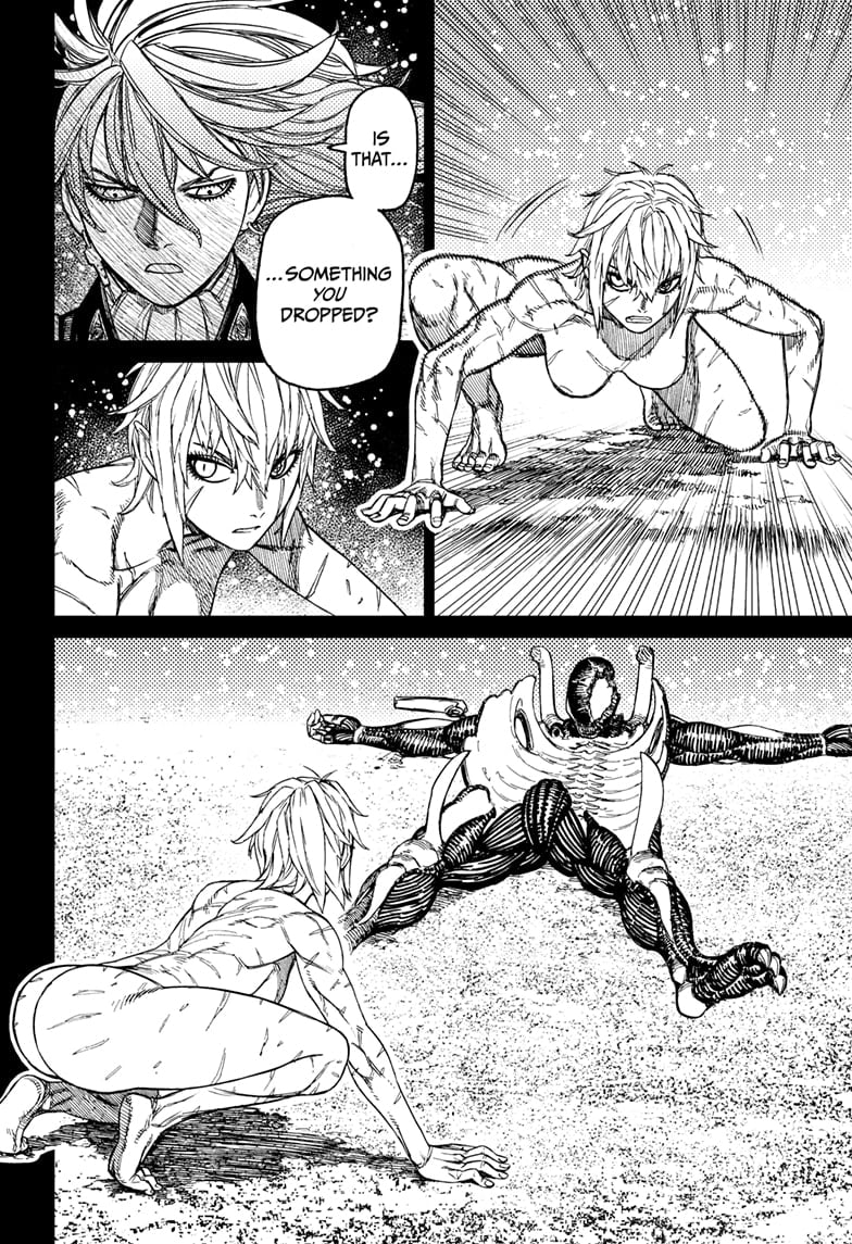 The naked person crouches and sees an alien body with an opened chest. It looks like a suit.