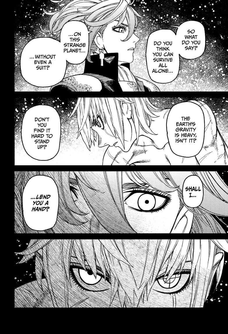 The person asks the naked lady for help, knowing she may not survive alone on this planet with heavy gravity.