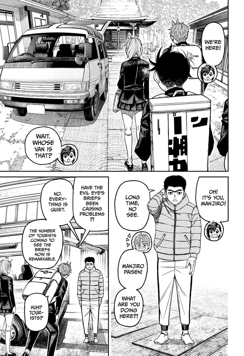 They ran into a van, where they noticed Manjiro. Momo and Jiji greet him.
