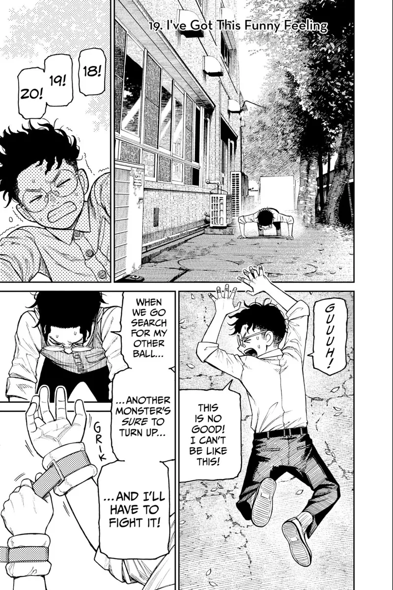 Okarun is doing push-ups behind a school building, with weights on her hands. She is counting up to 20 and falling down.