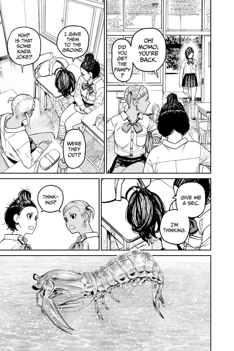 Momo returns to her friends, sits on her chair, and drops her face to her desk, saying she gave the juice to the ground.