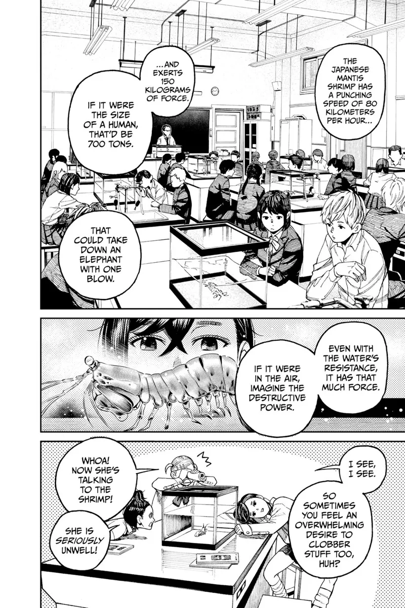 The teacher is lecturing her class about the Japanese mantis shrimp. Momo starts talking to the shrimp.