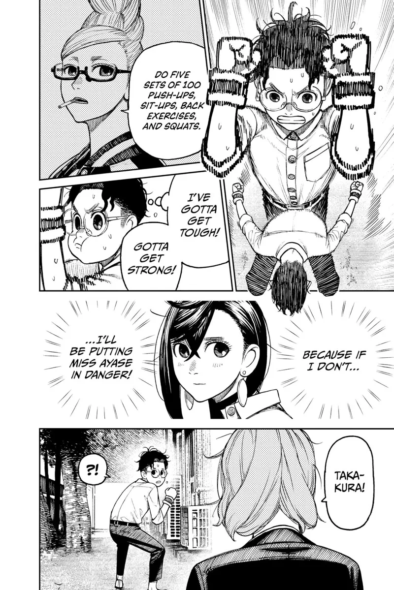 Okarun recalls Grandma Seiki's suggestion of exercising every day. He starts doing sit-ups. Aira shows up behind him.