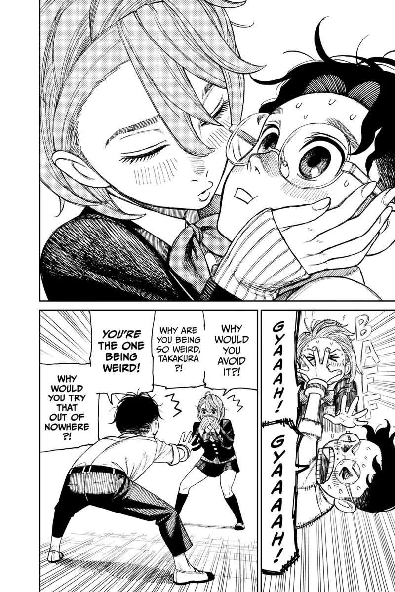 Aira holds Okarun's (Ken Takakura's) face and tries to kiss him. Okarun pushes her face and backs away.